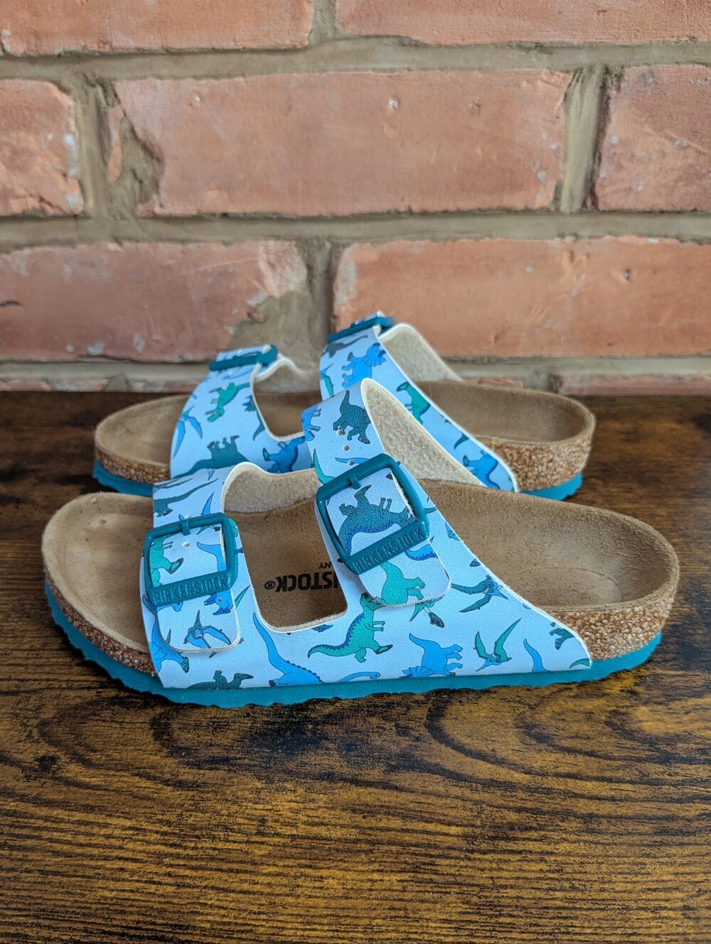 Birkenstock Kids Birko-Flor Blue Dinosaur Print Sandals Size 31 EU (13-13.5 US)